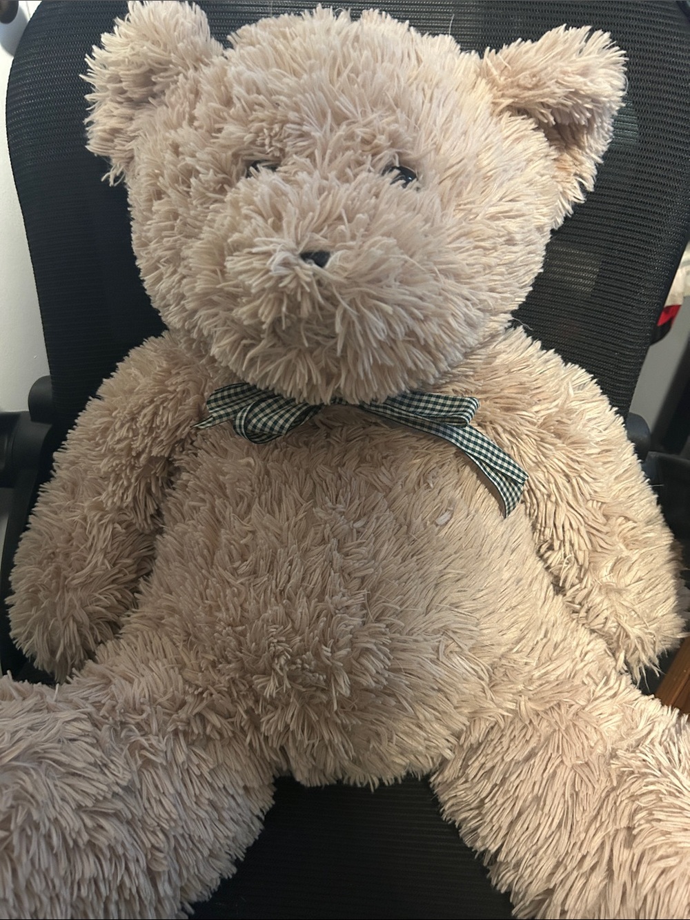 Plush Beige Teddy Bear with Gingham Bow - Soft Kids Stuffed Animal